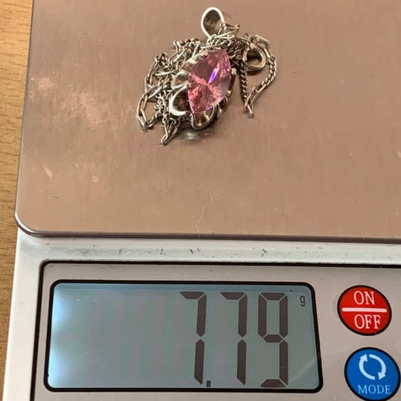 VINTAGE NAVETTE PINK ICE CZ PENDANT W/ FIGARO CHAIN 925 STERLING MADE IN MEXICO - Picture 8 of 16